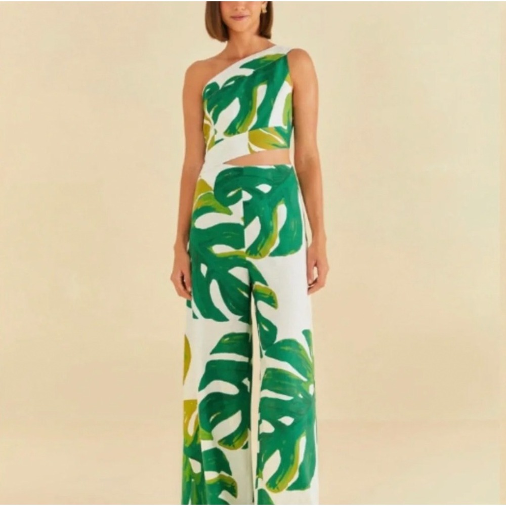 Farm Rio Green Monstera Leaf One Shoulder Cutout Wide Leg Jumpsuit Womens Medium
